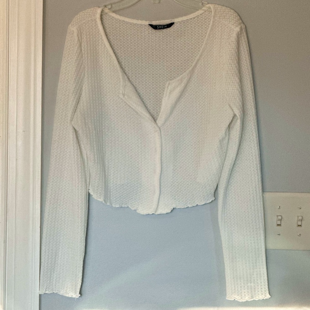 Button Front Lettuce Edge Waffle Knit Tee